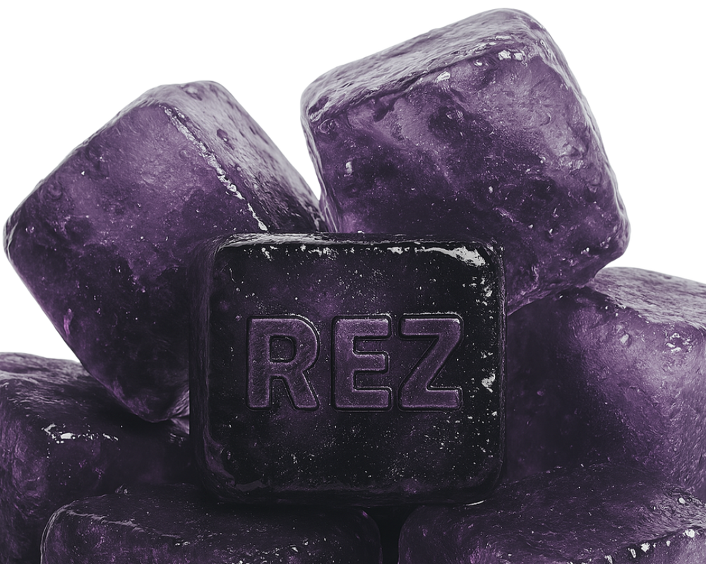 Purple cubes with 'REZ' branding on a white background